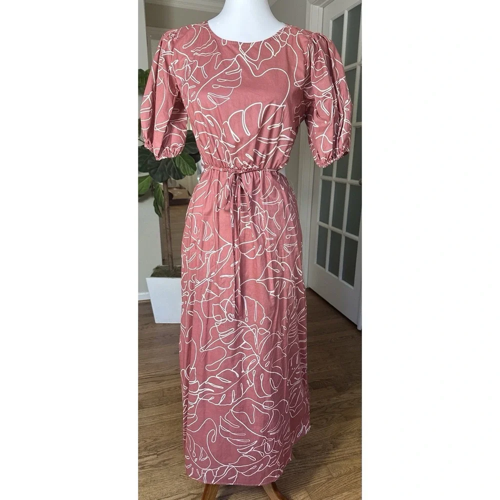 Lush Caramel Abstract Puff Sleeve Cutout Midi Dress Size M NWT 100% Cotton - Picture 3 of 12